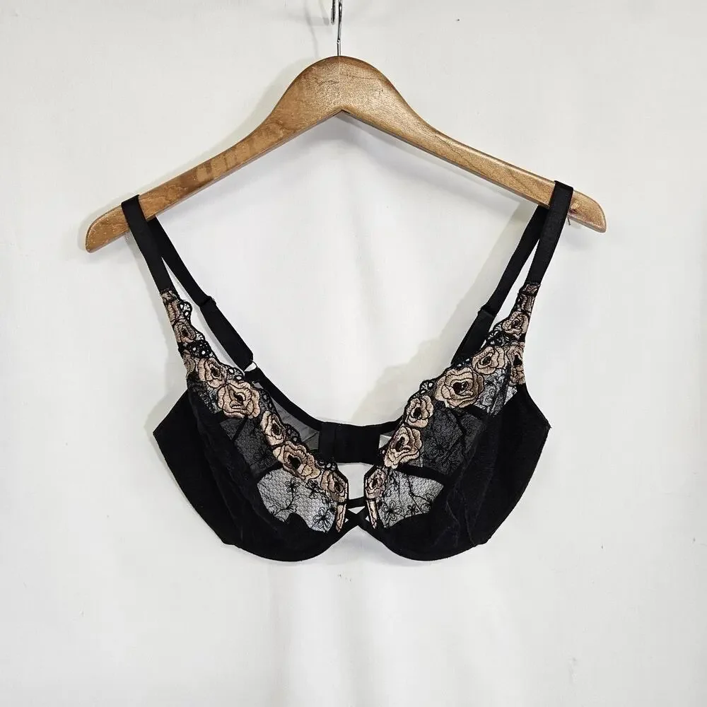 Wacoal Black Lace Rose Applique Retro Underwire Bra 65172 Size 36DD